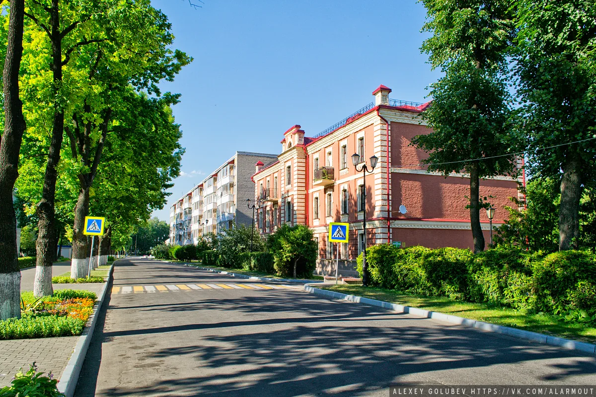 戈尔基夏日街道，两侧绿树与红砖建筑映在蓝天下