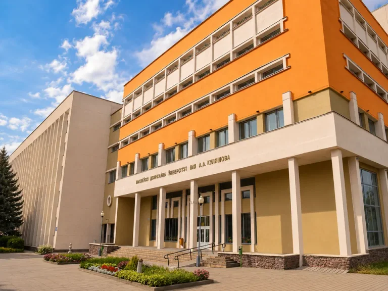 莫吉廖夫国立大学（库列绍夫）橙黄色楼体的转角、窗户、入口柱廊与花坛