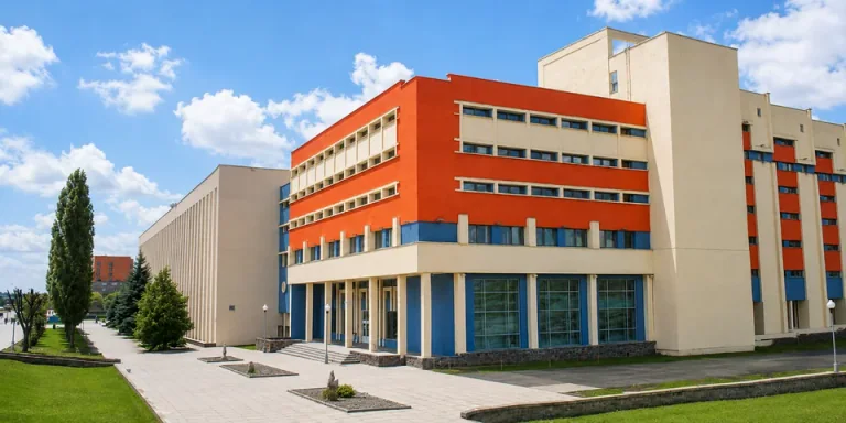 莫吉廖夫国立大学（库列绍夫）红蓝外立面的校园建筑、步道与草坪